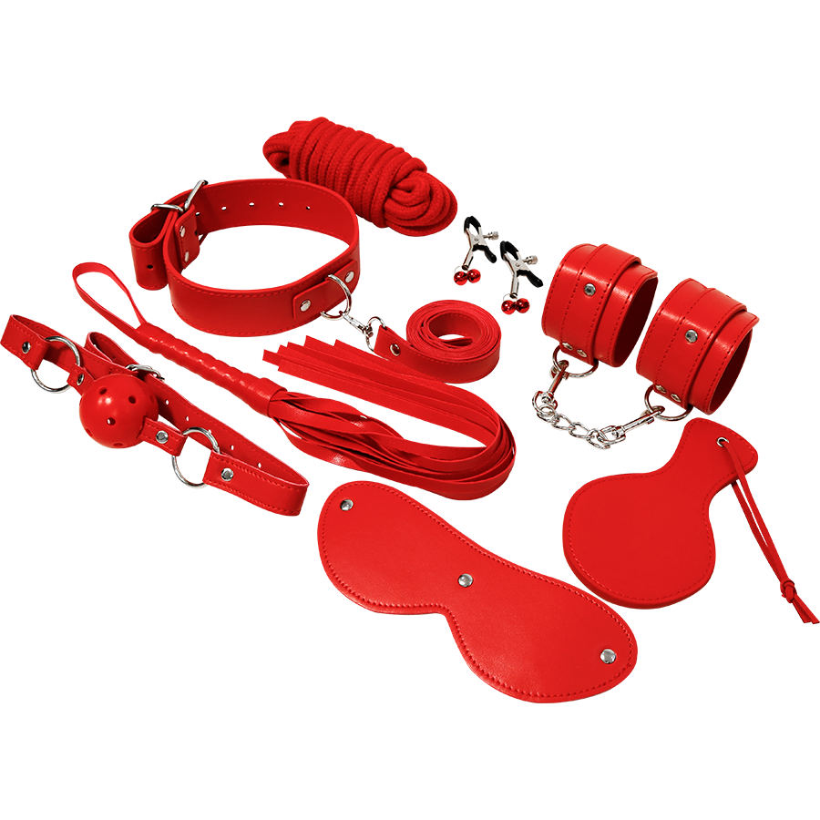 Kit Set Rojo para Juegos Sometimiento BDSM Esposas, Latigo, Mordaza y Mas  Sado Bondage