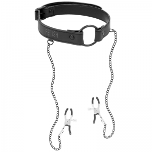 Mordaza/Collar con anilla, pinzas para pezones con cadena FETISH SUBMISSIVE BONDAGE