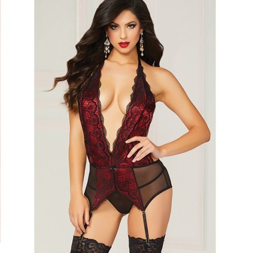 Conjunto con ligueros escote en V rojo/negro talla única SEVEN TILL MIDNIGTH
